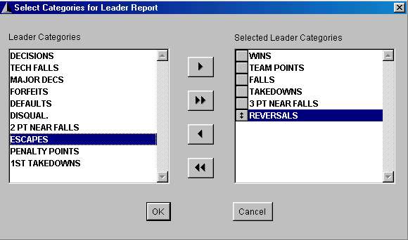 Select Category Leaders Report Categories screen